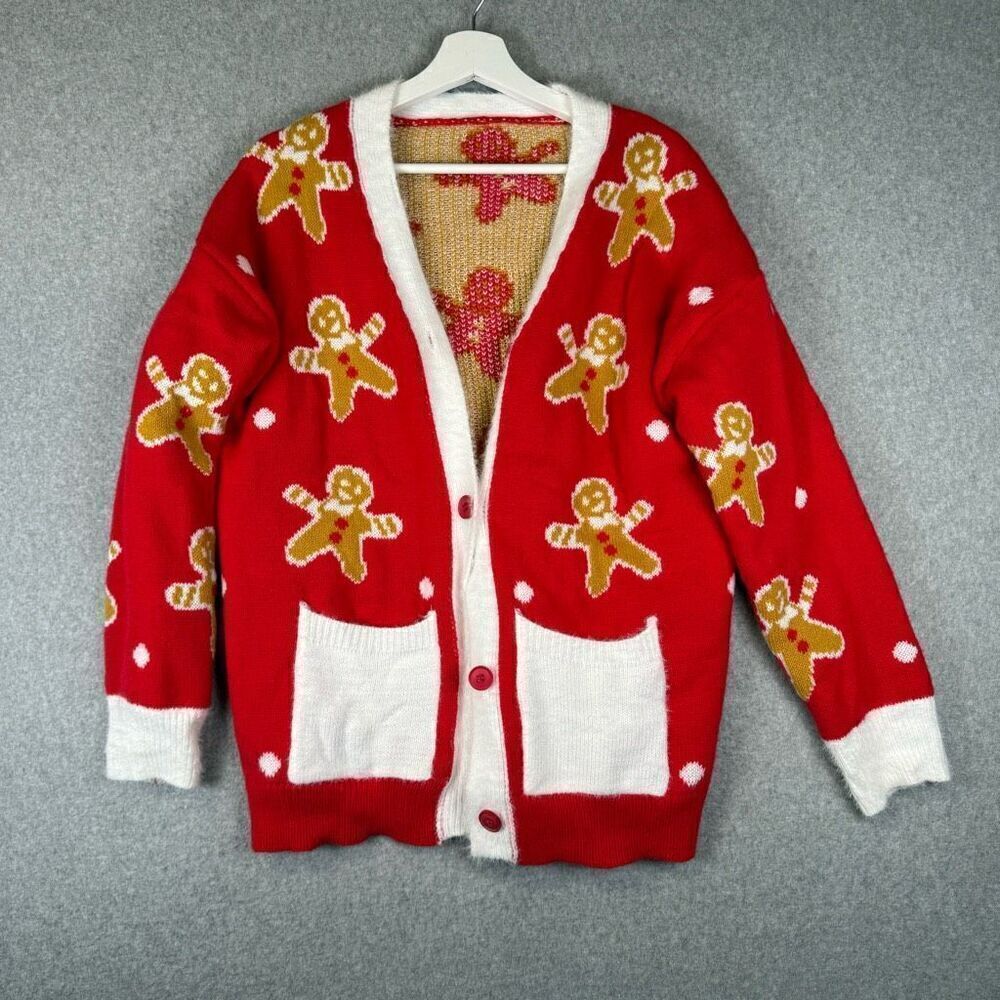 Shein Womens Medium Button Front Gingerbread Man Cardigan Sweater Red Tan